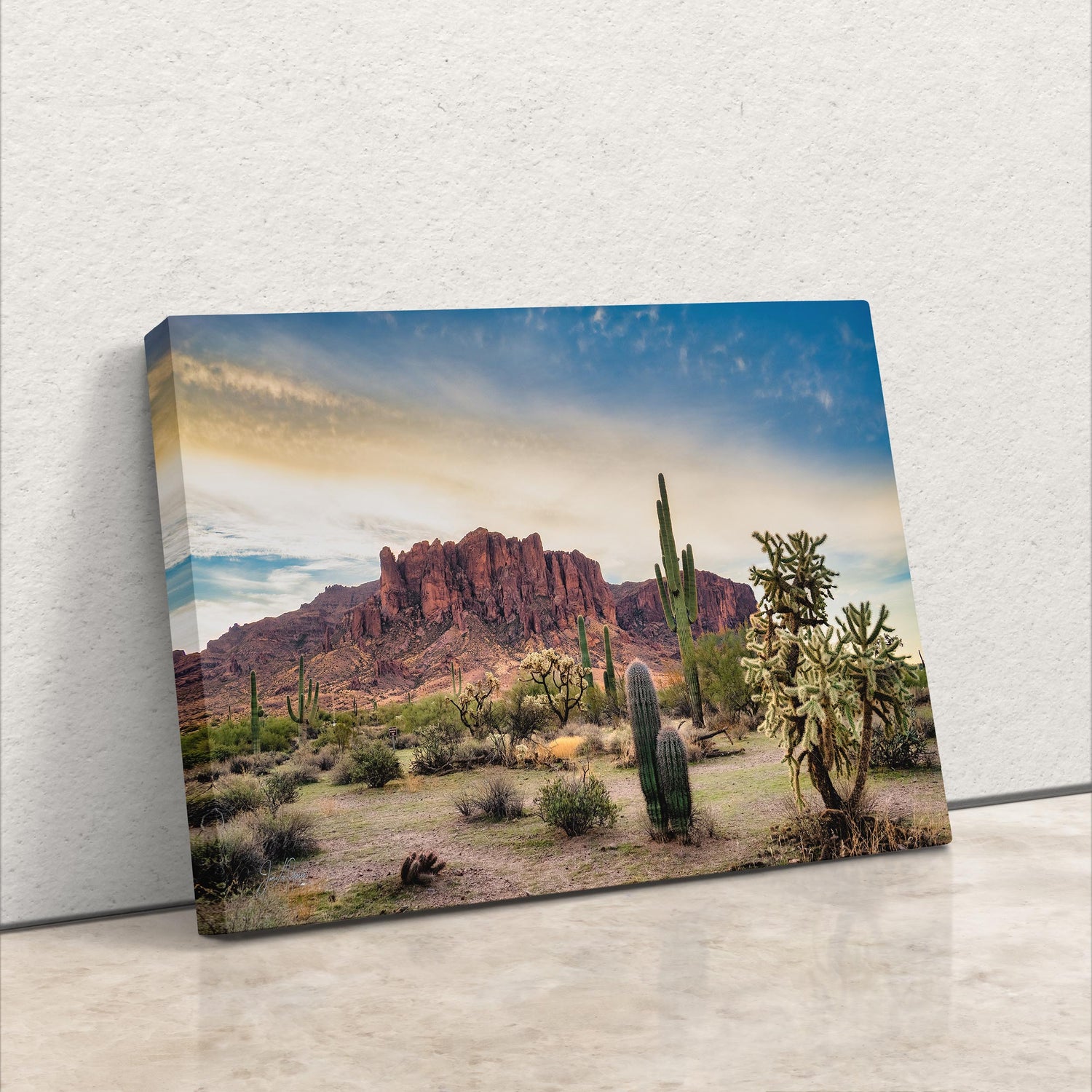 a desert scene with a cactus and mountains in the background