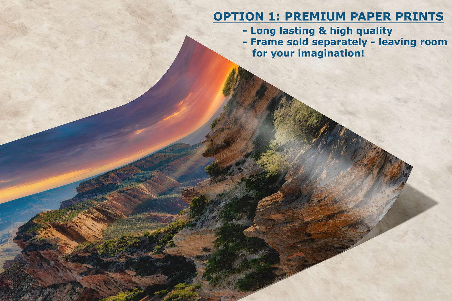 a picture of a mountain range with the text option 1 premium paper prints