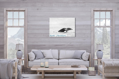 High-key black and white wall art of a humpback whale fluke displayed in a living room with a natural light setting, size 30x40 inches.