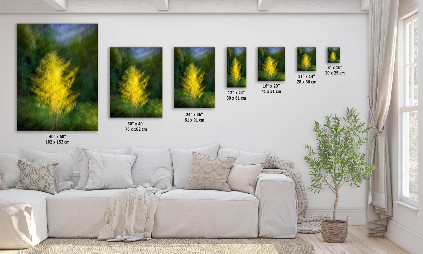 Yellow Gold & Green Tree Wall Art, Abstract Tree Print, Minimalist Décor Impressionist Earthy Greens Housewarming Gift in Paper/Canvas/Metal