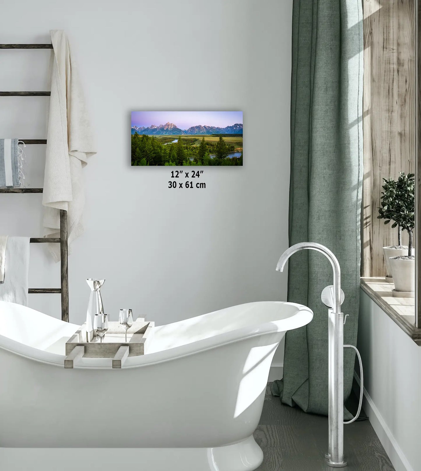 a bathroom with a bathtub and towel rack