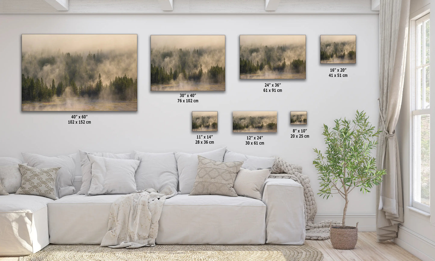 a living room with a white couch and four pictures on the wall