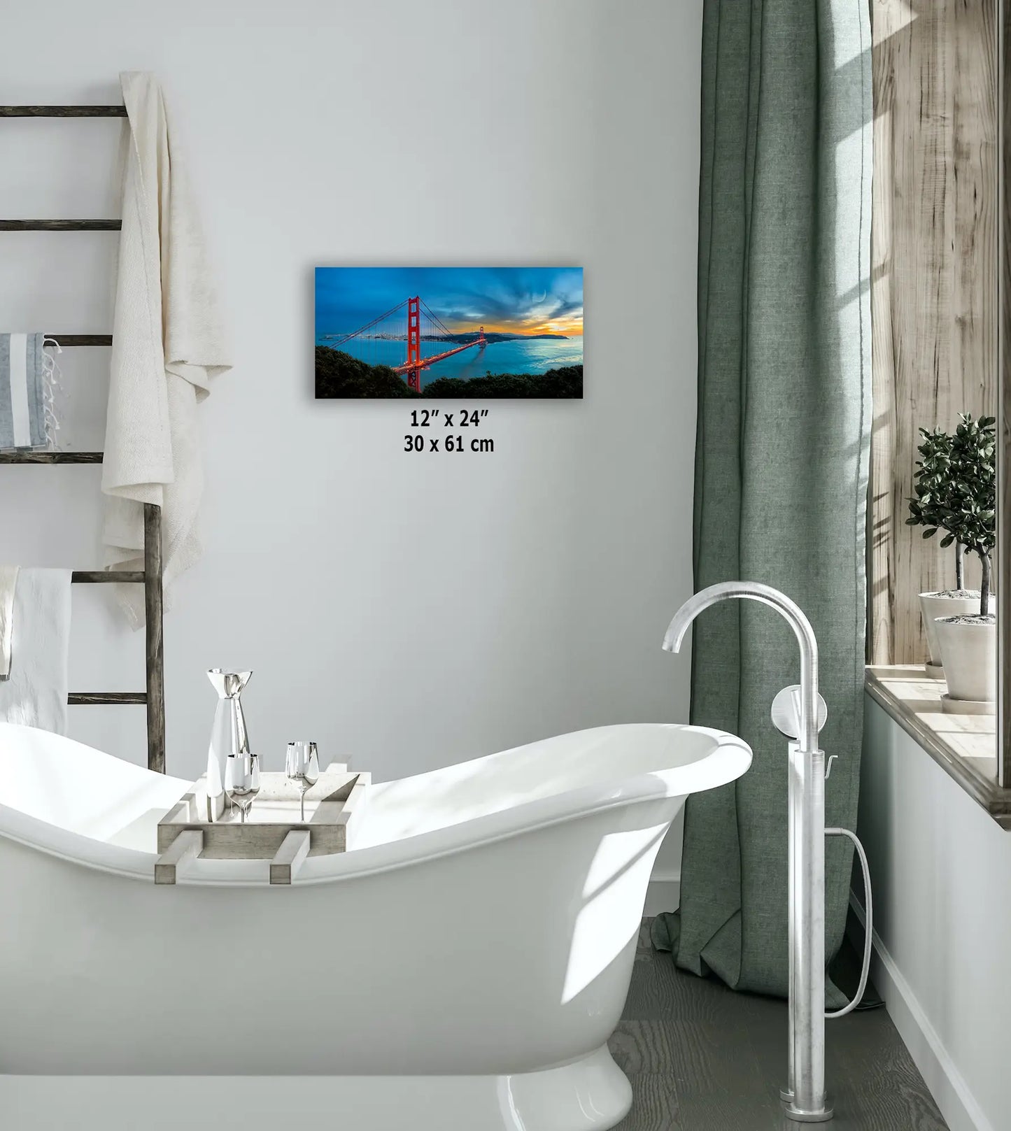 a bathroom with a bathtub and a ladder