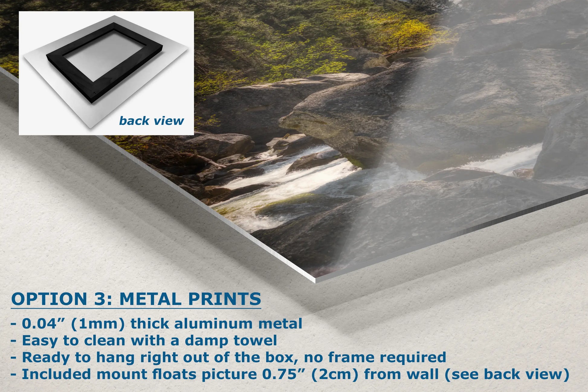 a metal print of a waterfall in a forest