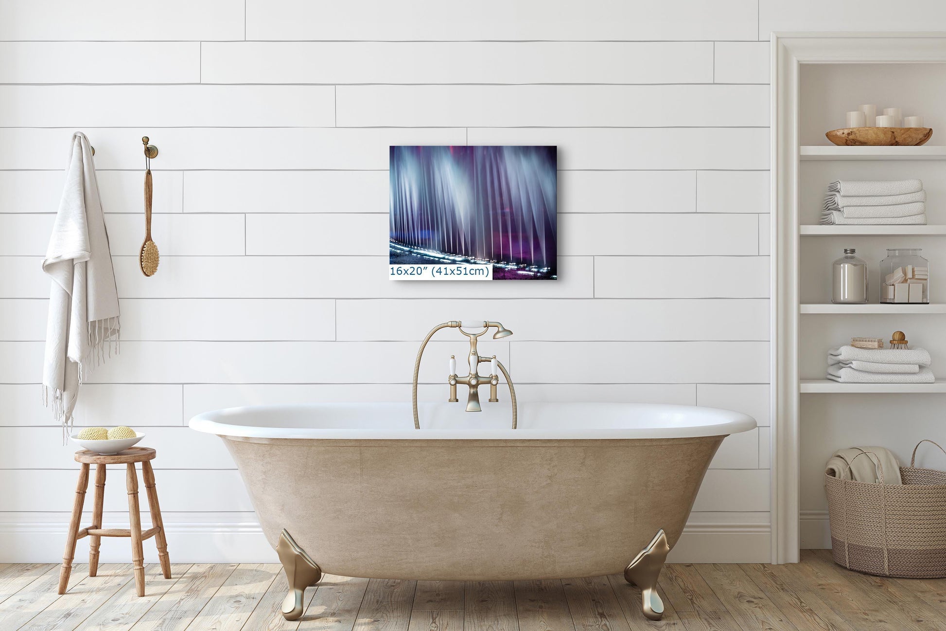 16x20 inch print of Bellagio fountains art in a modern bathroom setting.