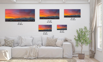 Multiple size options for Las Vegas skyline wall art ranging from 12x24 to 30x72, displayed in a minimalist living room.