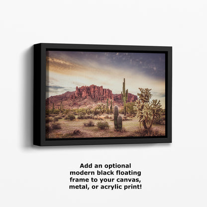 Arizona Desert Saguaro Boho Wall Art, Western Wall Decoration, Superstition Mountains, Lost Dutchman State Park, Paper, Canvas, and Metal