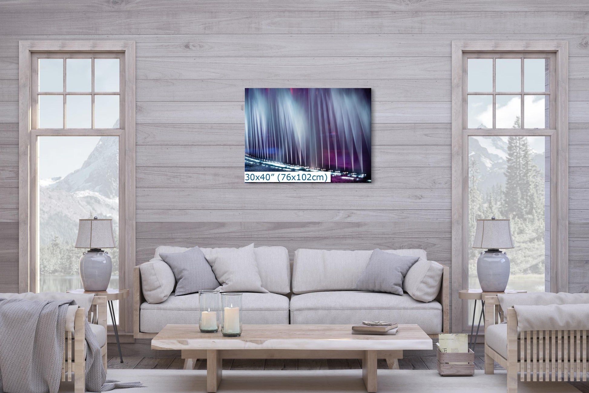 30x40 inch Bellagio fountains art displayed in a minimalist living room.