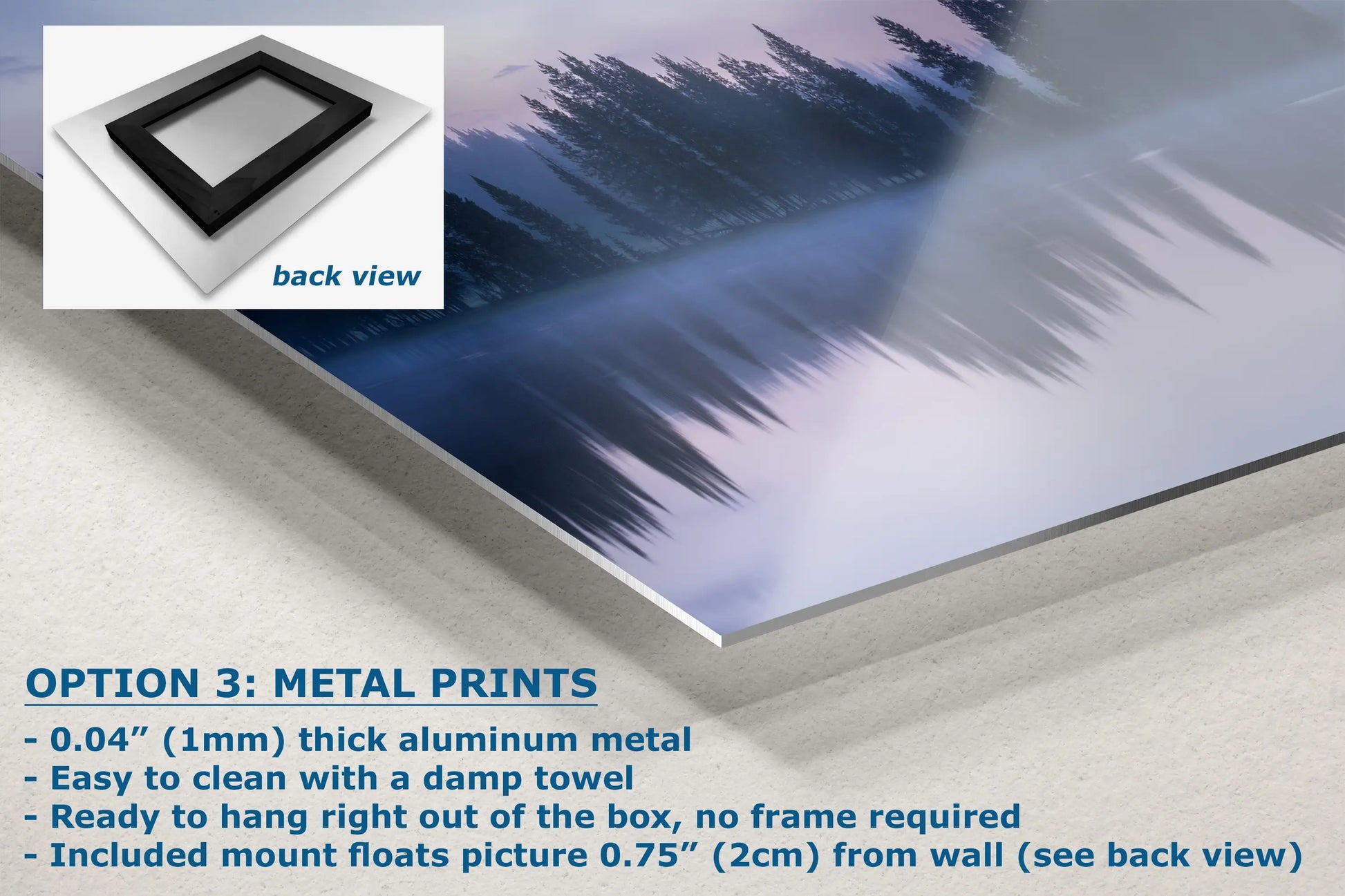 a picture of a metal print with the text option 3 metal prints