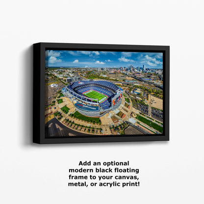 an aerial view of a stadium with the words add an additional modern black floating frame