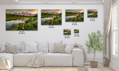 a living room with a white couch and paintings on the wall