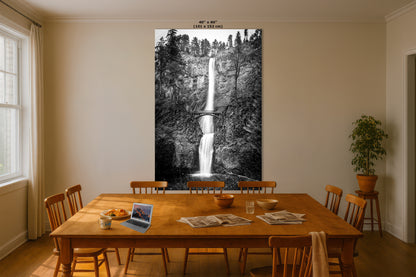 Multnomah Waterfall Picture Nature Photo, Black and White, Pacific Northwest Oregon Picture Relaxation Artwork, Columbia River Gorge for Meditation, House