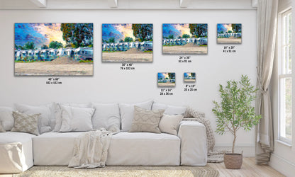 a living room with a white couch and paintings on the wall