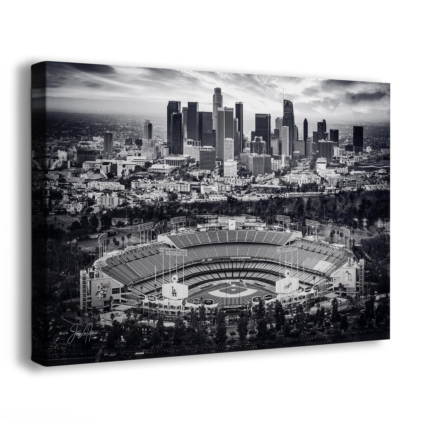 Dodgers Stadium & Los Angeles Sunrise: Black and White LA Skyline Baseball Field Art Print - MLB Cityscape Photography Poster