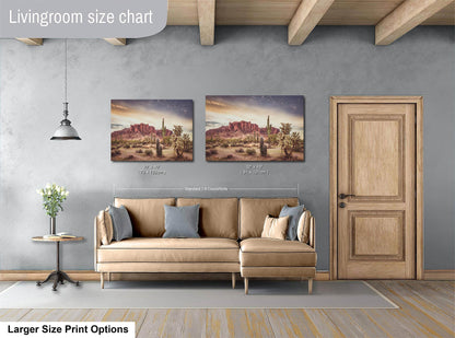 Arizona Desert Saguaro Boho Wall Art, Western Wall Decoration, Superstition Mountains, Lost Dutchman State Park, Paper, Canvas, and Metal