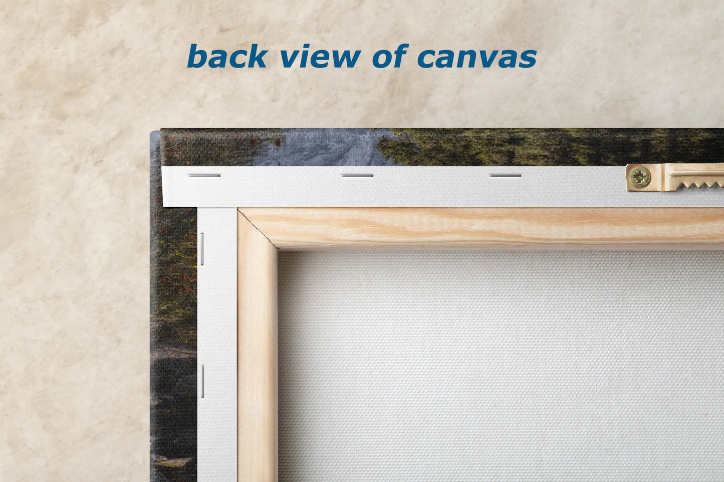 the back view of canvass is shown with a wooden frame