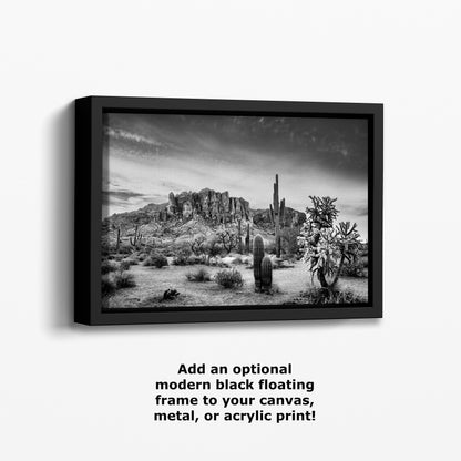 Arizona Desert Saguaro Wall Art, Black and White Western Wall Decoration, Superstition Mountains, Lost Dutchman State Park, Paper, Canvas, and Metal