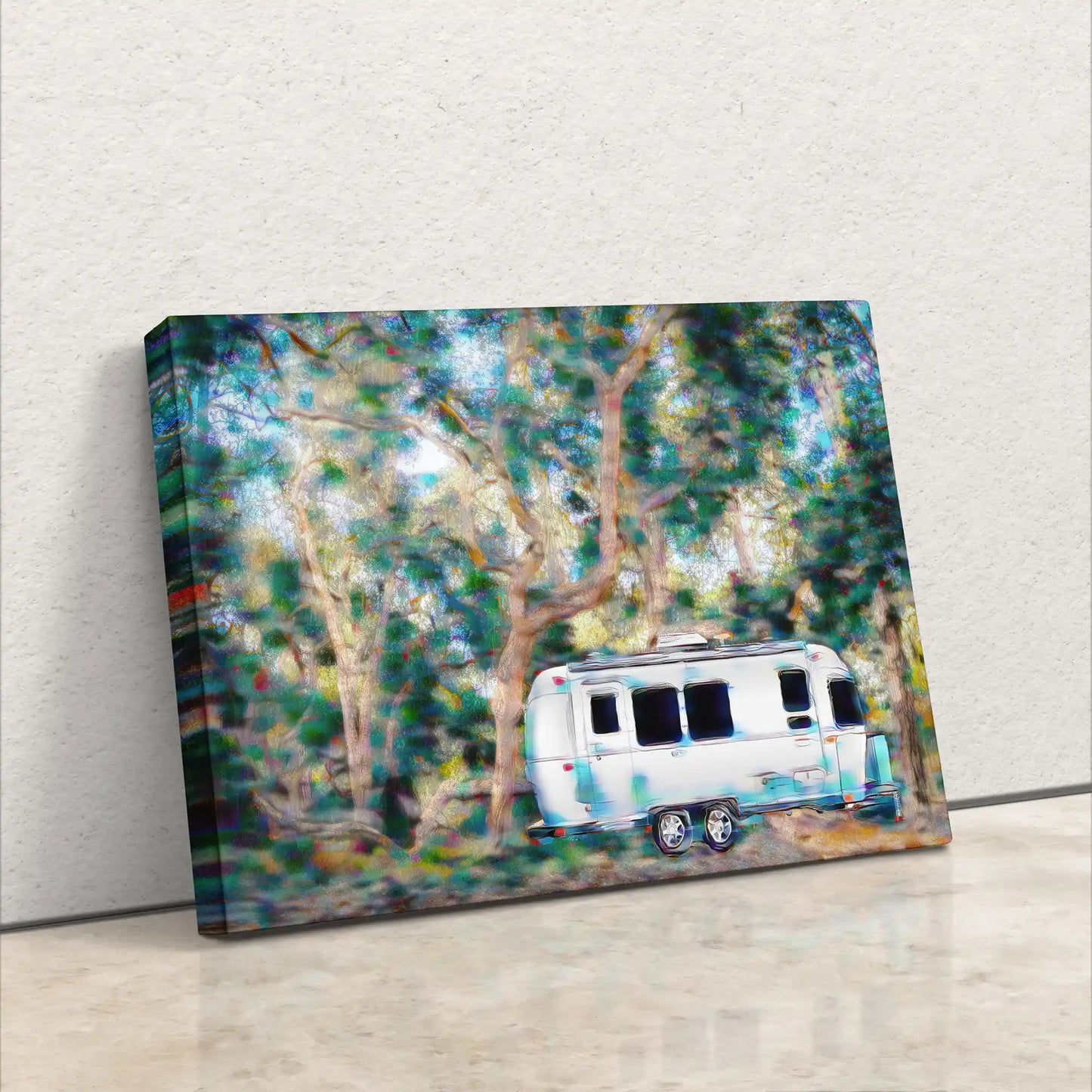 Airstream Under a Coast Live Oak Tree Art Canvas leaning on wall
