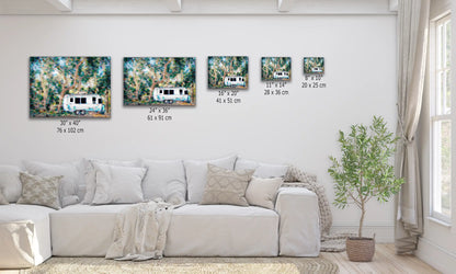 Airstream Under a Coast Live Oak Tree Art available in multiple sizes shown over living room couch