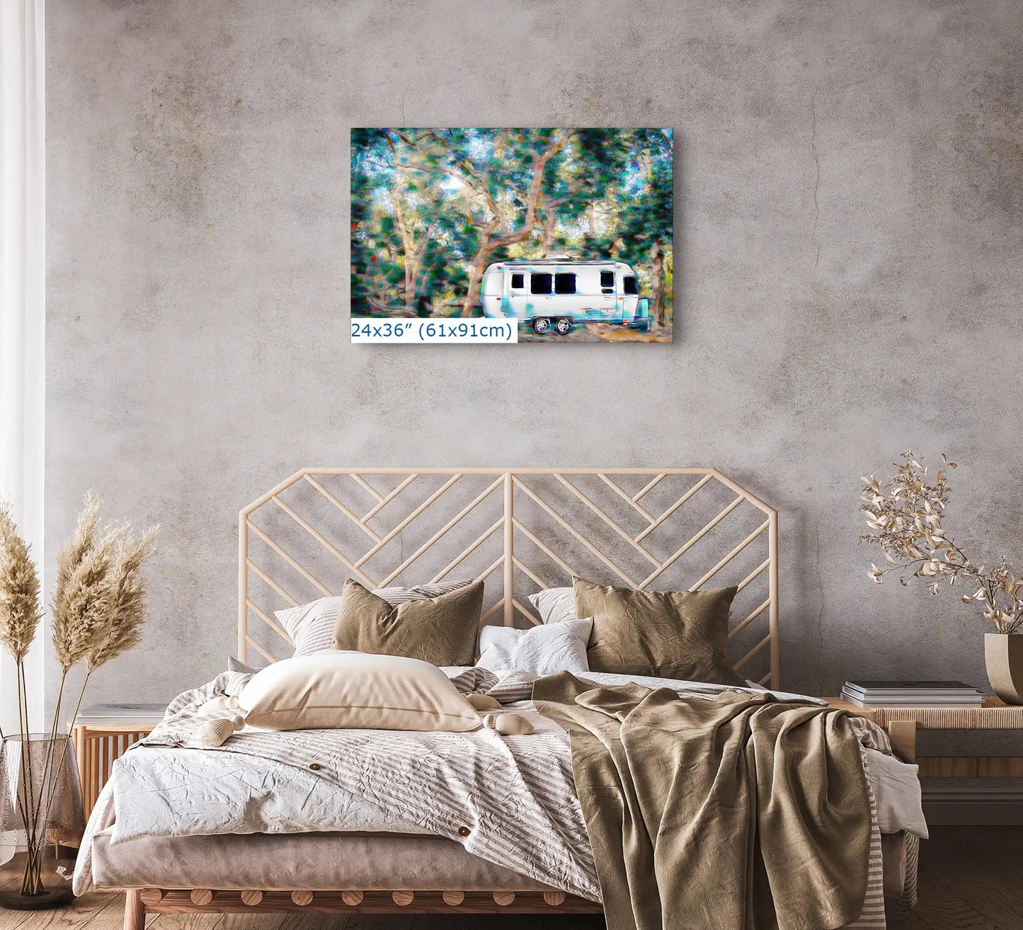 Airstream Under a Coast Live Oak Tree art in 24x36-inches over bed
