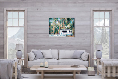 Airstream Under a Coast Live Oak Tree art in 30x40-inches over living room couch