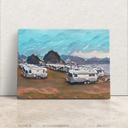 Airstream Rally on the bay mountainscape canvas leaning on a wall