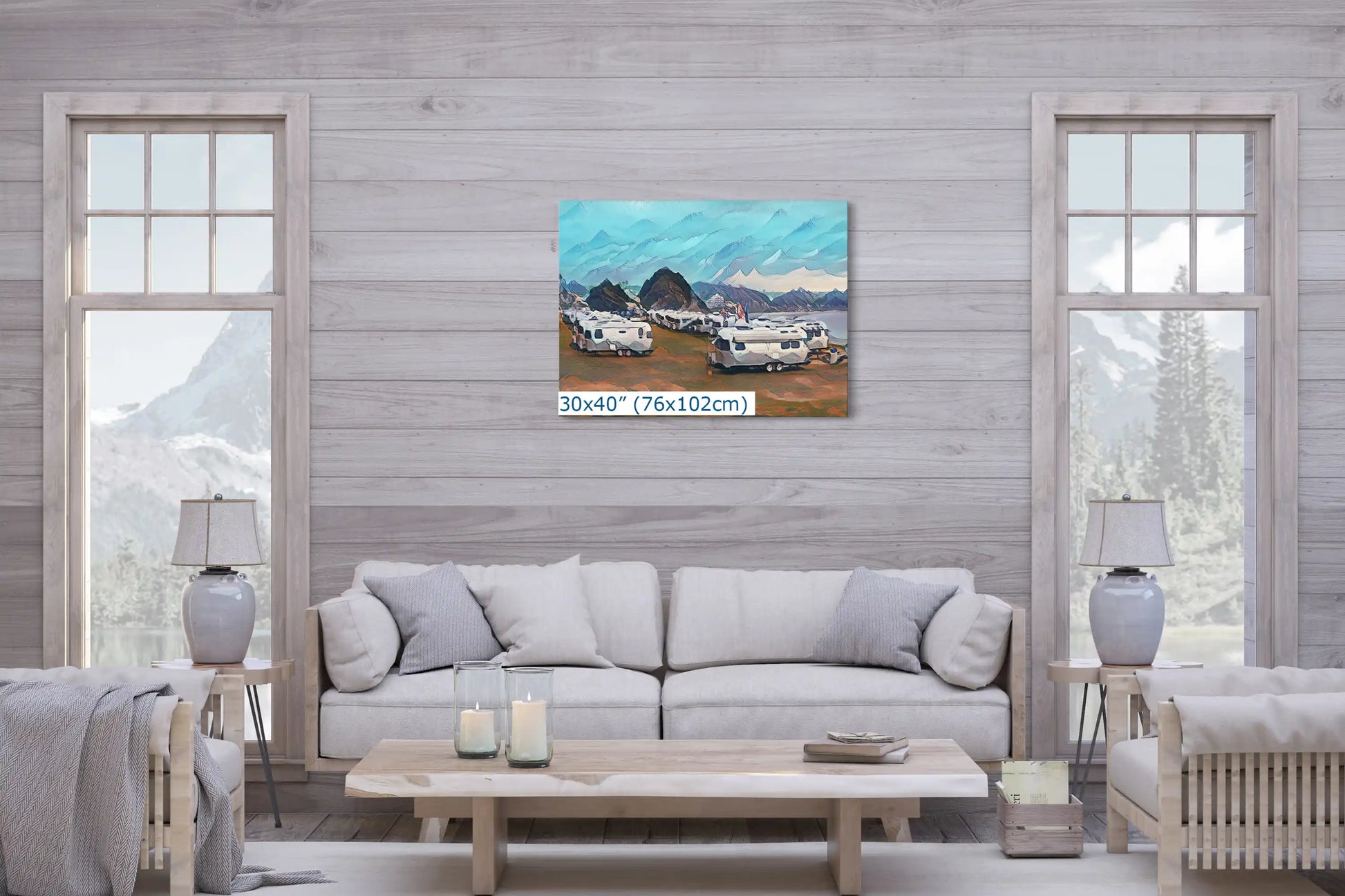 Airstream Rally on the bay mountainscape in 30x40-inch over living room sofa