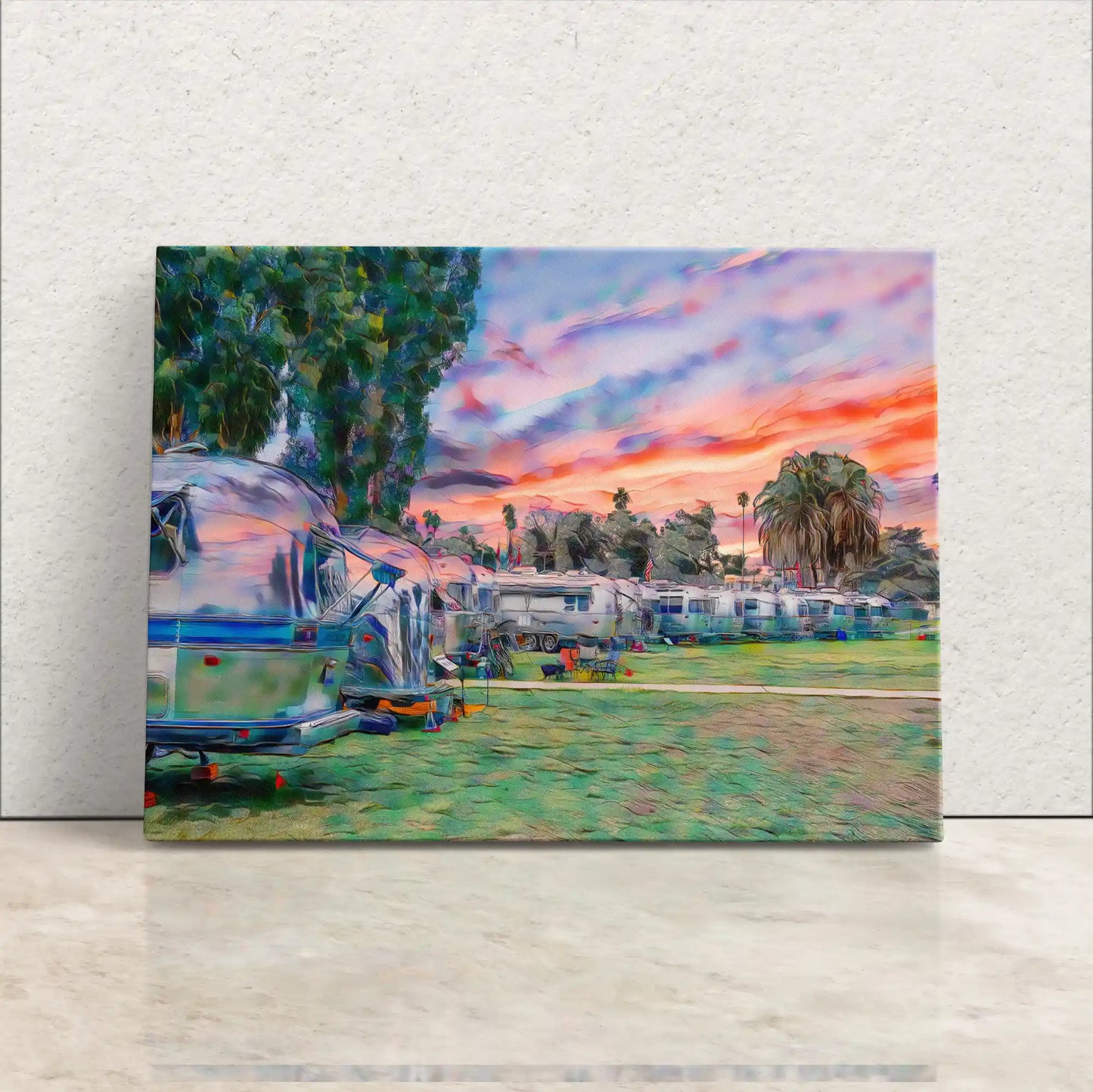 Airstream Rally in the park at sunset canvas art leaning on a wall