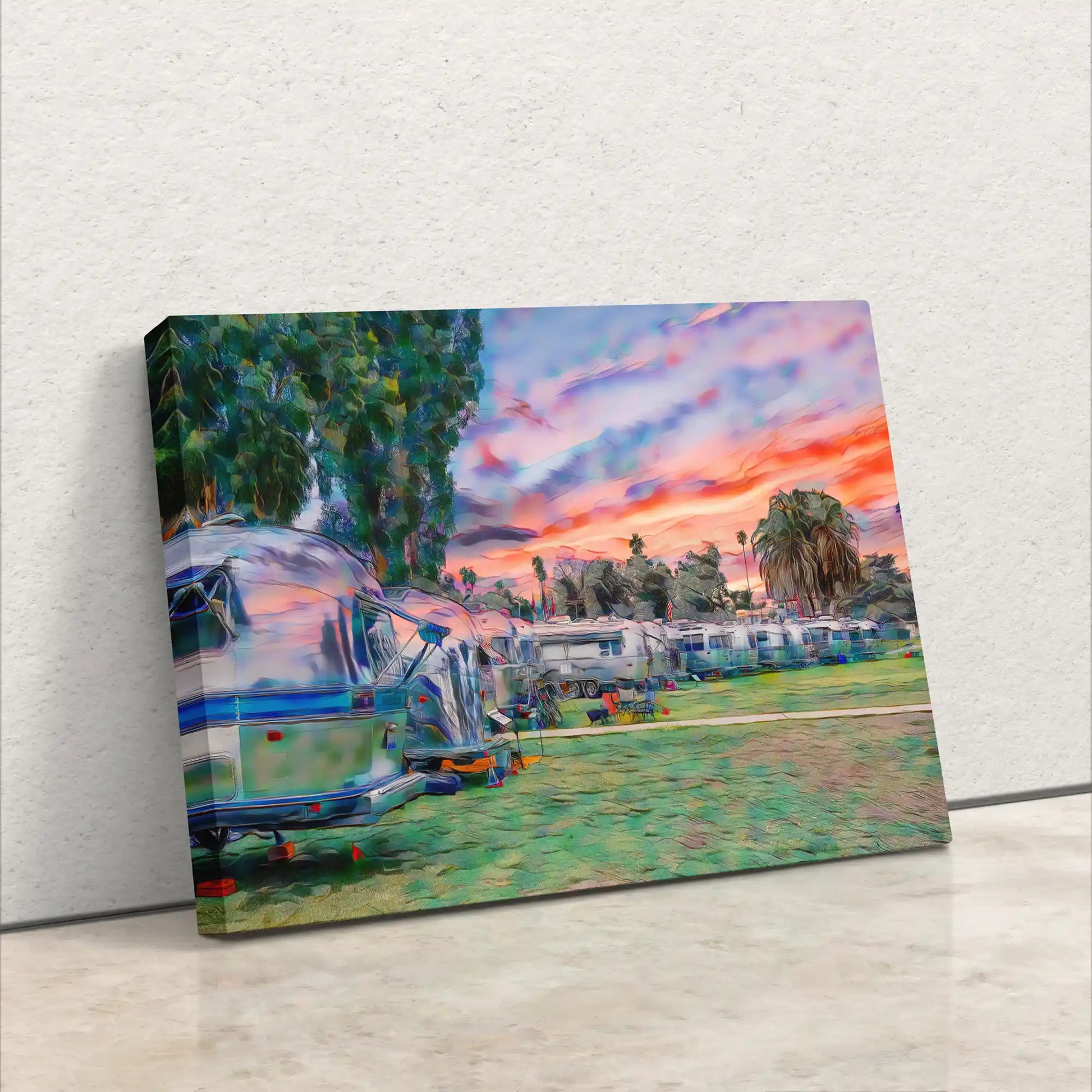 Airstream Rally in the park at sunset canvas art leaning on a wall