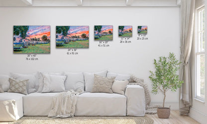 Airstream Rally in the park at sunset art available in multiple sizes over living room couch