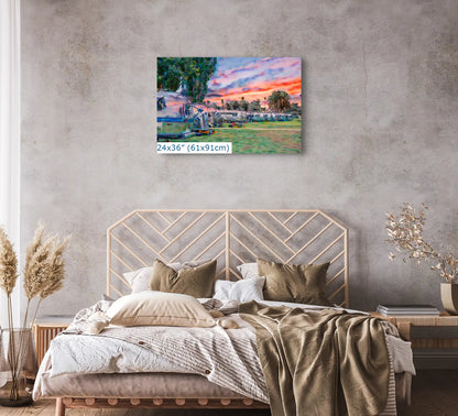 Airstream Rally in the park at sunset art in 30x40-inches over living room couch