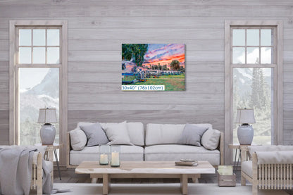 Airstream Rally in the park at sunset art in 30x40-inches over living room couch