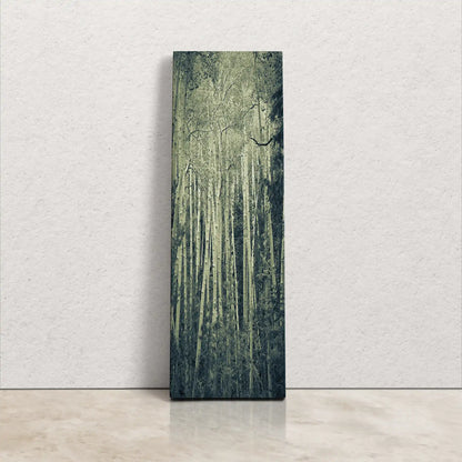 A 12x36-inch vertical canvas print standing against a white wall, featuring a duotone image of aspen birch trees, with a haunting and ethereal quality, creating a tall and slender portrait of the tranquil forest scene.