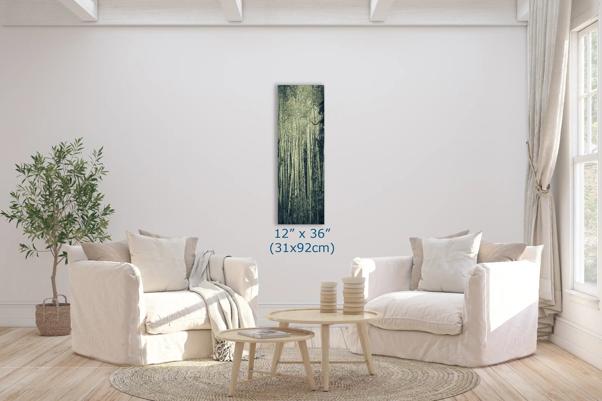 A tall, narrow 12x36-inch canvas print in a cozy sitting room, presenting a duotone image of tall aspen birch trees creating a ghostly atmosphere.