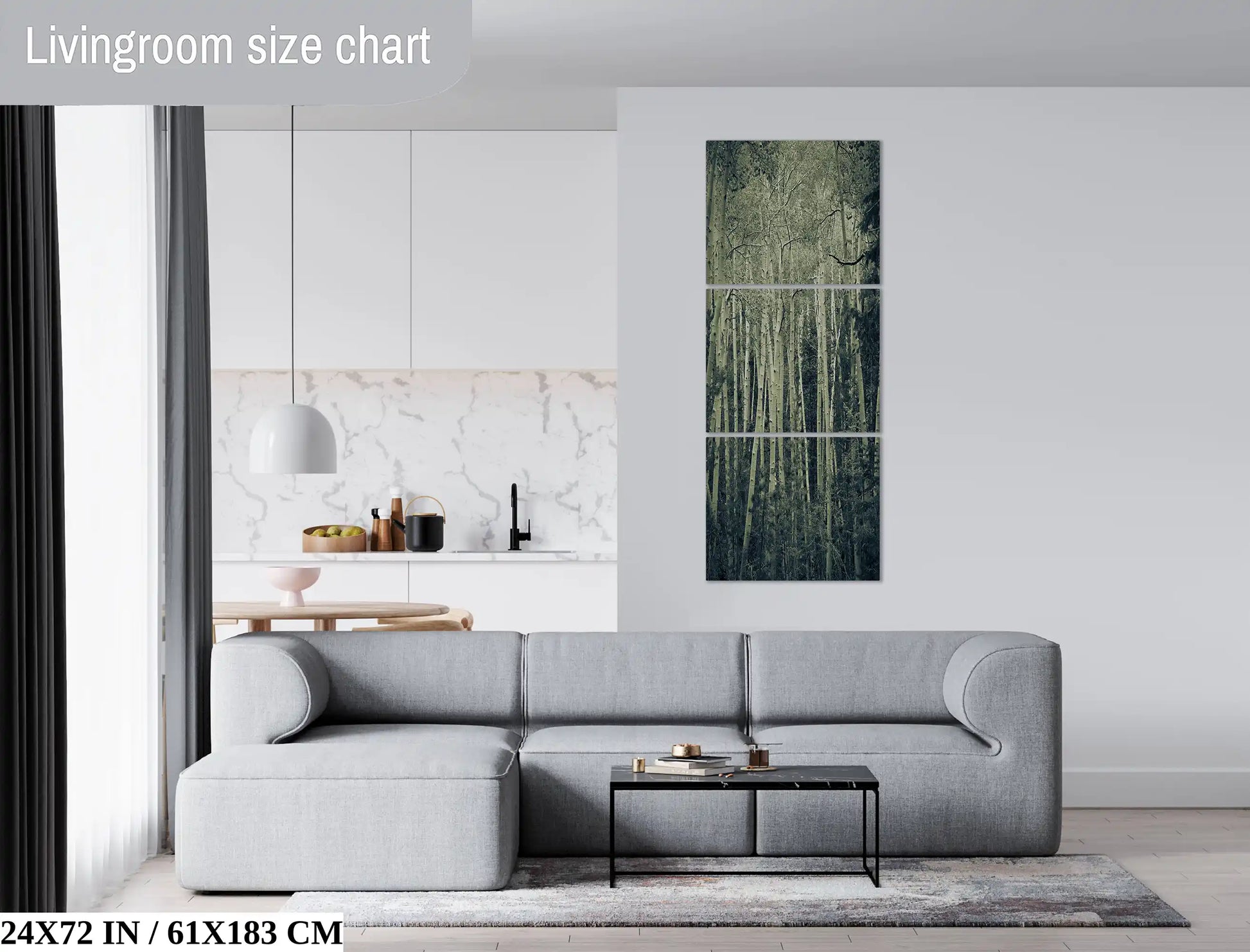 A 3-piece triptych 24x72 inch vertically long canvas print in a living room, displaying a triptych of duotone aspen birch trees, enhancing the room with a supernatural ambiance.