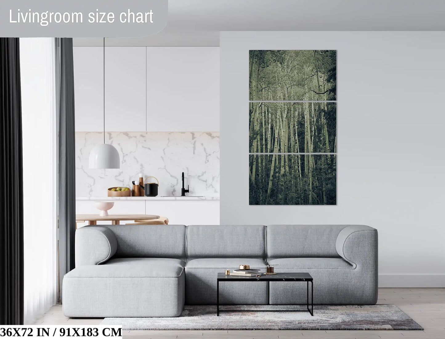 An 3-piece triptych 36x72-inch vertical triptych canvas print in a living room, the duotone aspen birch trees giving the space a mystical forest feel.