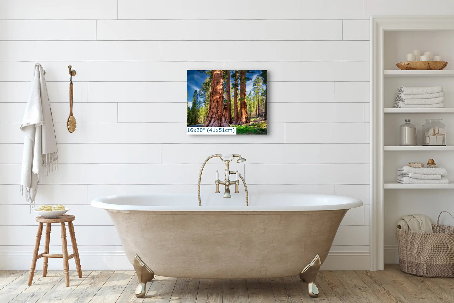 16x20 wall art print of giant sequoias displayed in a bathroom.