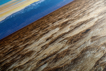Texture-focused close-up of a canvas print, showing the detailed surface of Death Valley's Badwater Basin with a sunset backdrop.