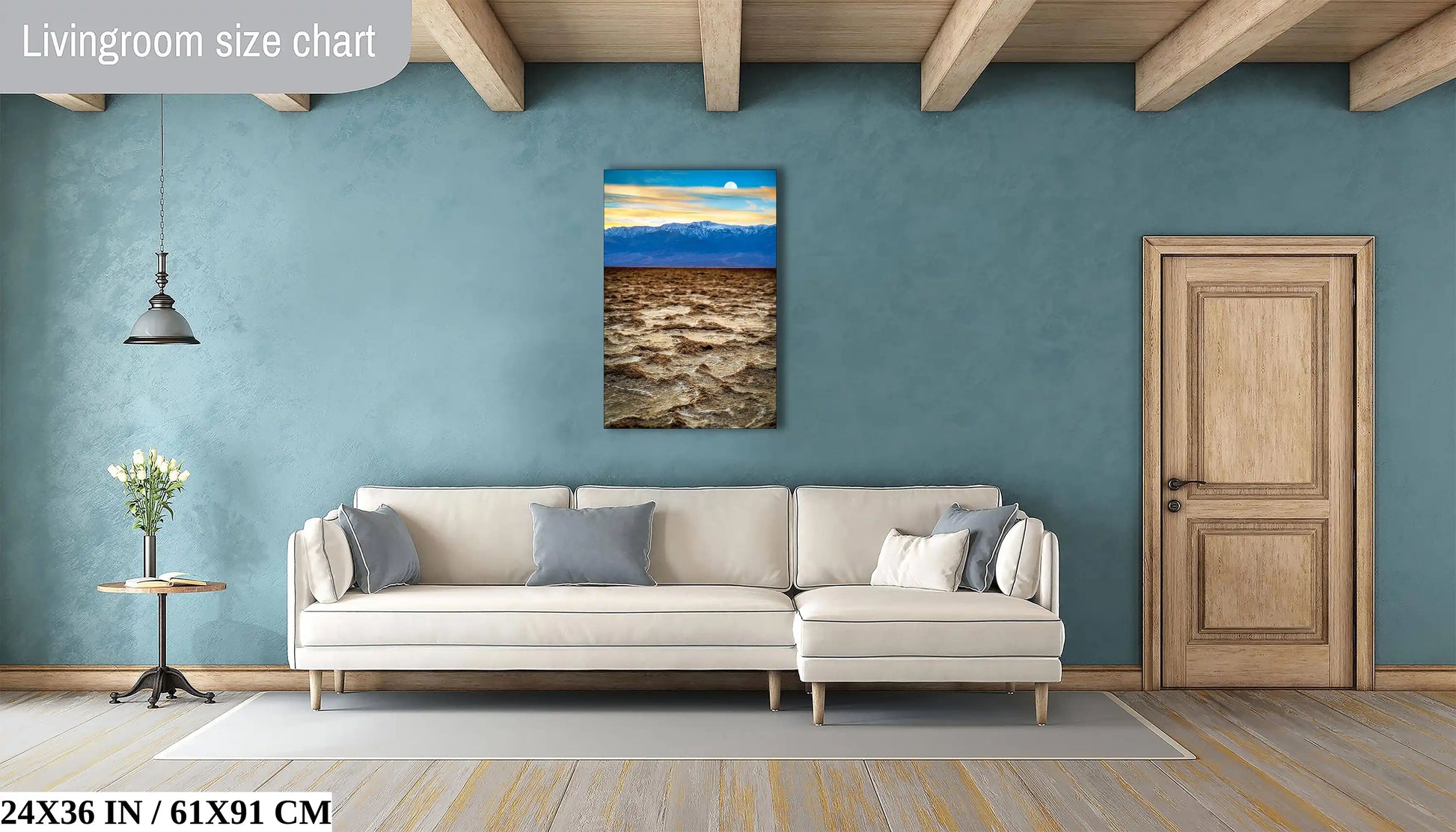A large 24x36-inch canvas in a living room setting showcasing Death Valley's Badwater Basin, offering a natural and serene atmosphere.