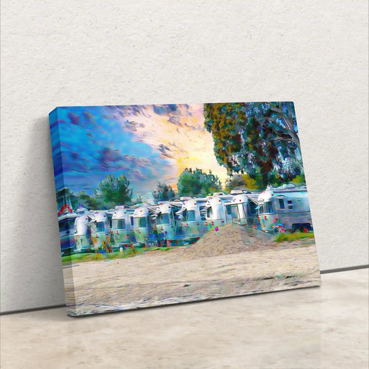 Airstream Rally on the beach at sunset art canvas leaning on a wall