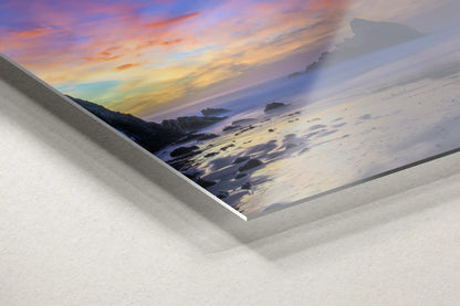 Close-up of a metal decor print, emphasizing the reflective quality of a Big Sur sunset over the purple sands.