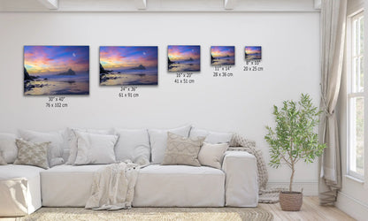 Size comparison of Big Sur beach sunset canvas prints, showcasing the vibrant purple twilight and moonrise.