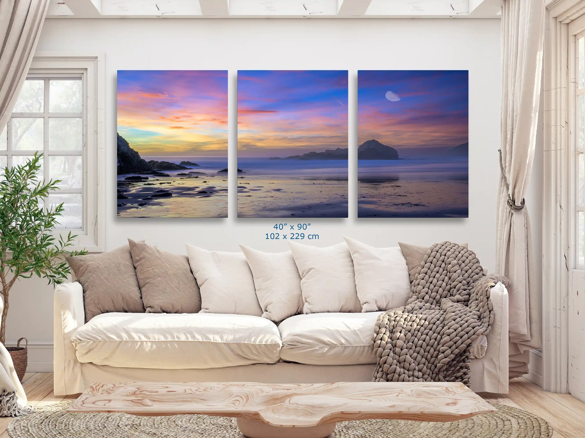 Expansive 40x90-inch three-piece canvas art displaying Big Sur's moonlit purple sands, transforming a living room into a serene escape.