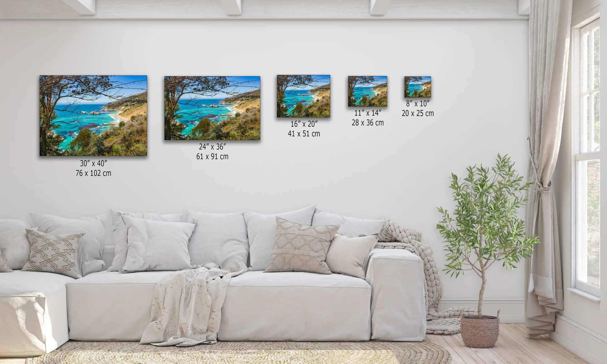 Big Sur California ocean seascape wall art available in multiple sizes shown over living room sofa