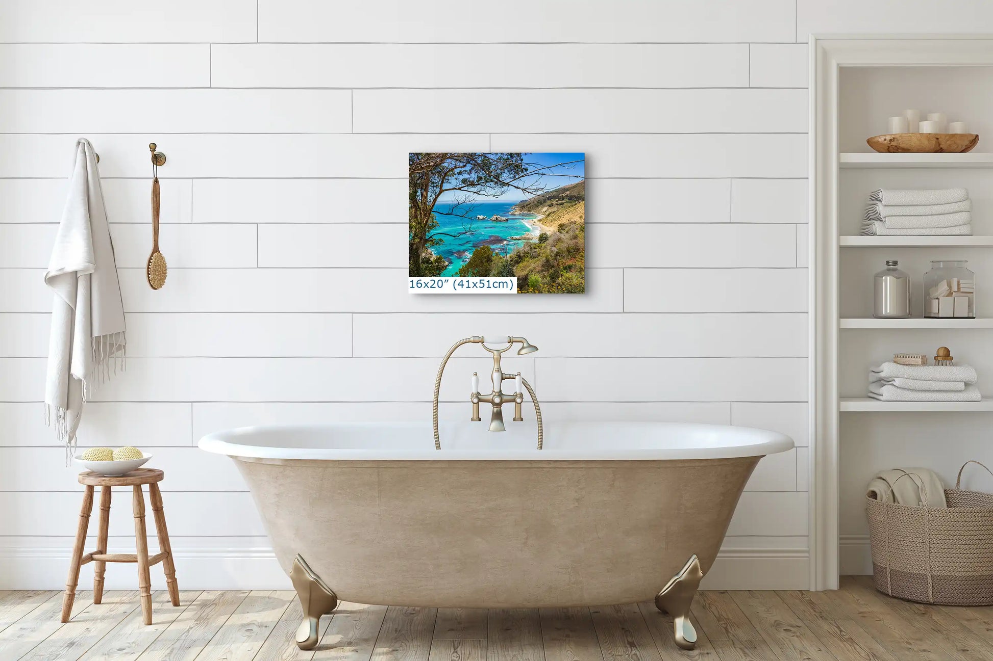 Big Sur California ocean seascape wall art shown in 16x20-inch over bathroom tub