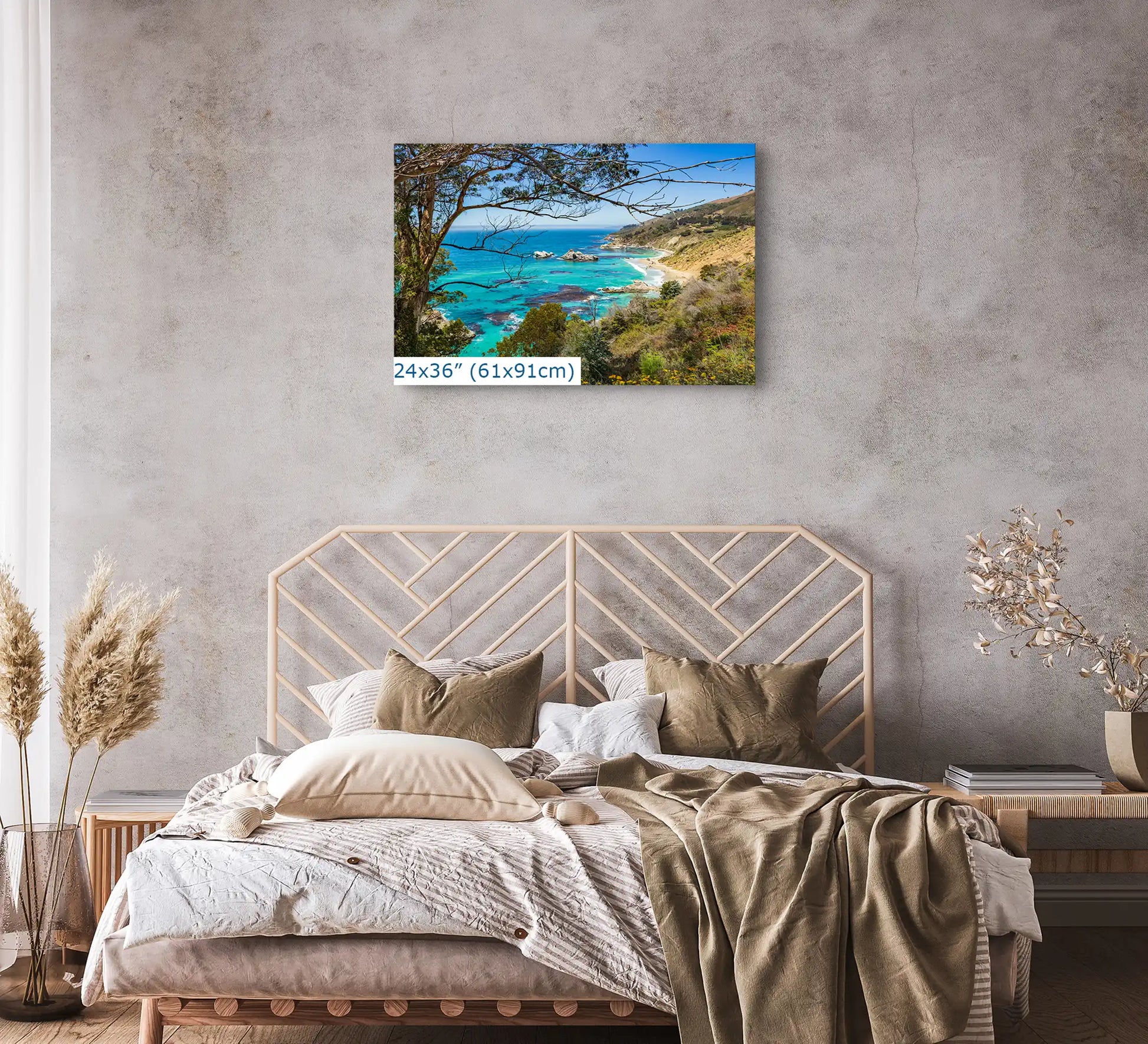 Big Sur California ocean seascape wall art shown in 24x36-inch over bed