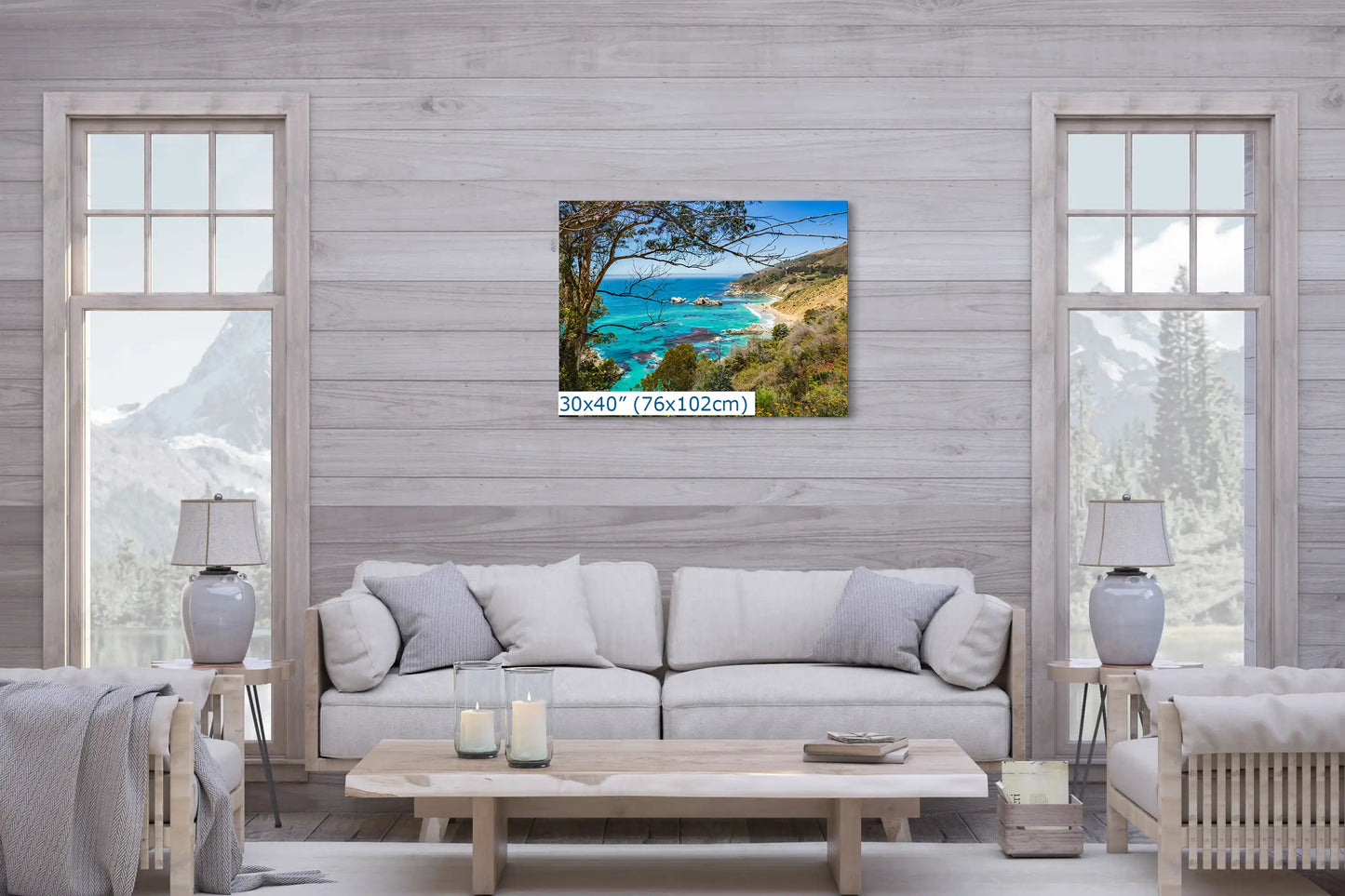 Big Sur California ocean seascape wall art shown in 30x40-inch over living room couch