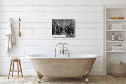 A 16x20 inch black and white canvas print of two bison dueling, hung above a bathtub in a bathroom with white wall tiles.