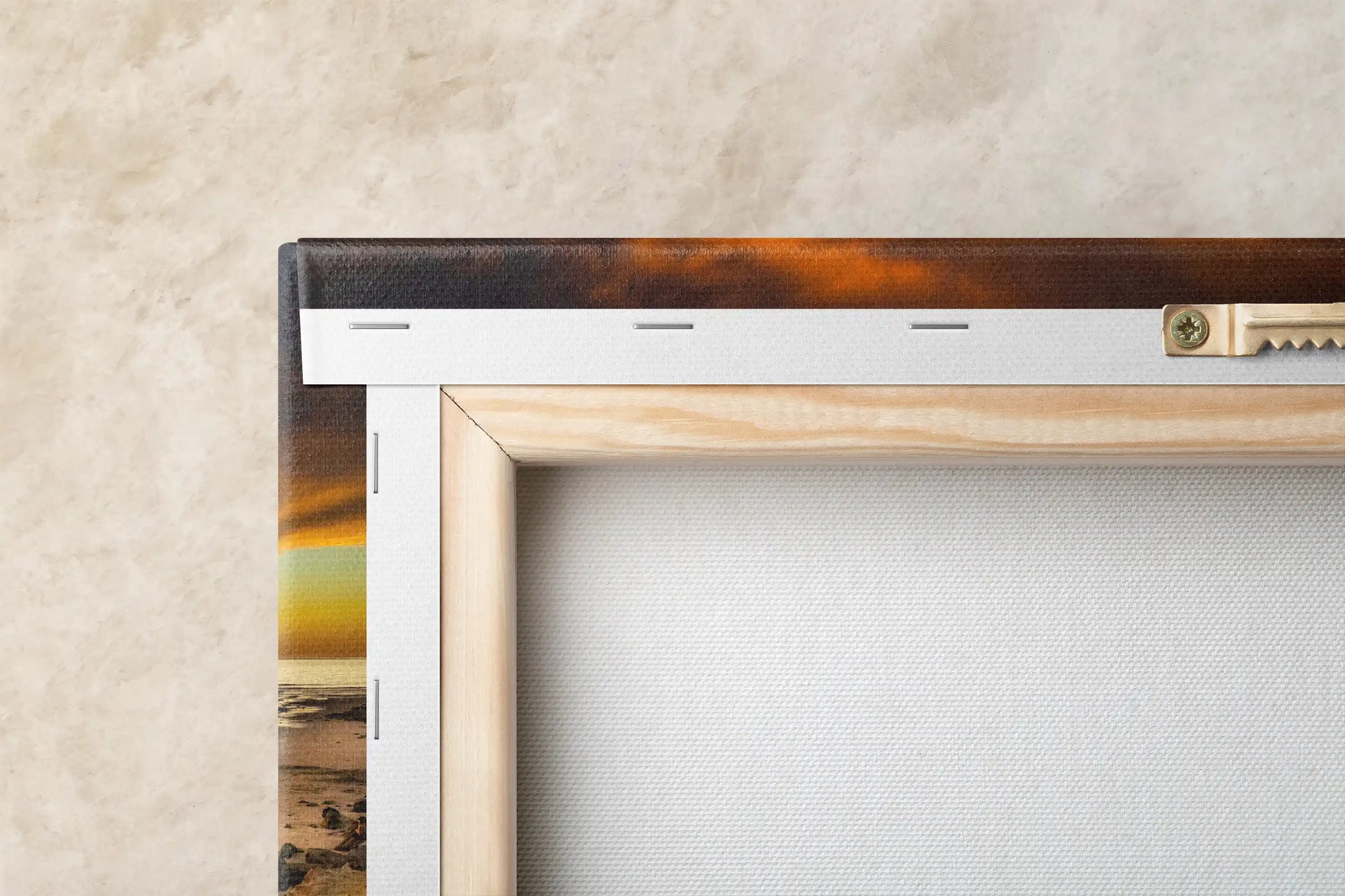 Back view of a canvas print showing sturdy framing and craftsmanship, a promise of enduring beauty with a Hobson Beach sunset scene.