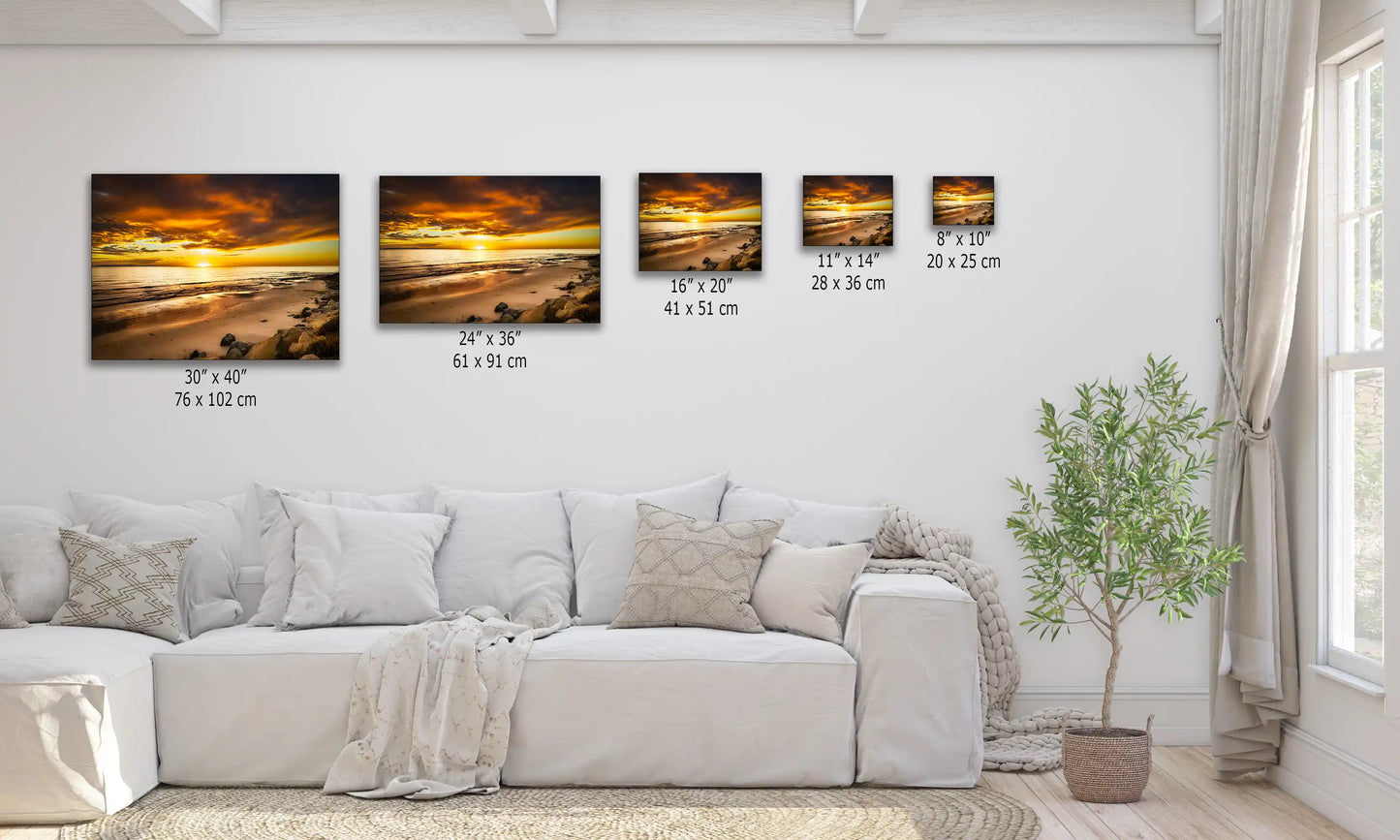 Varied sizes of wall art depict Hobson Beach sunset, each piece a serene escape, transforming interiors into a heavenly coastal retreat.